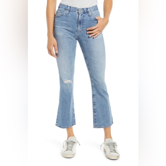 NWT AG Denim Jodi Crop Highrise Slim Flare Jeans Medium Blue Distressed Size 32 - Picture 1 of 14